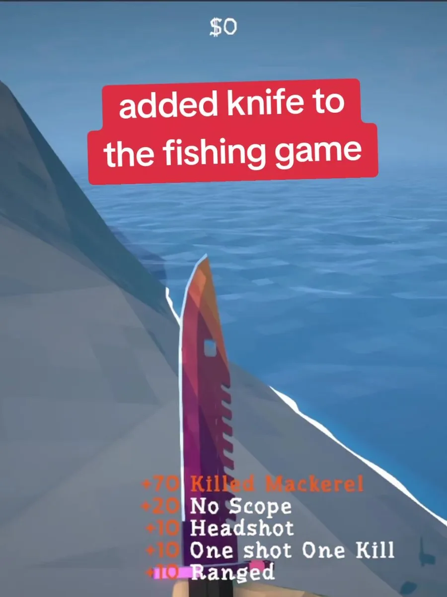 Clip still: a knife held over the water, caption reads “added knife to the fishing game”
