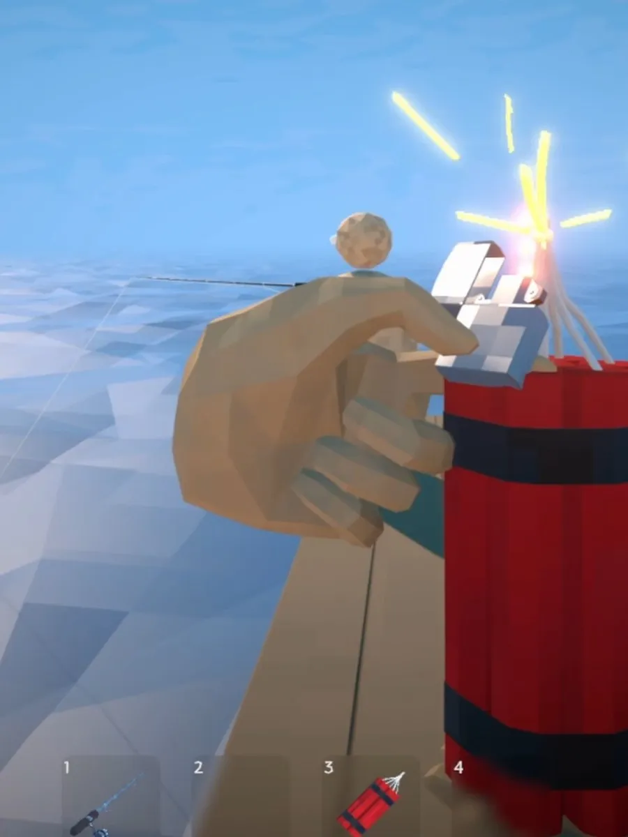 Clip still: a hand holding a lit stick of dynamite on the shore